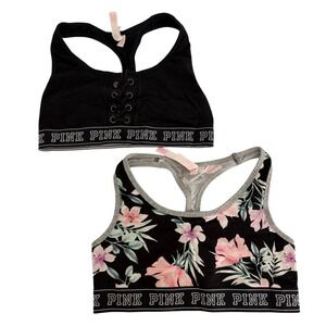 Bundle Victoria's Secret PINK Sports Bra Black Lace Up Floral Racerback Medium